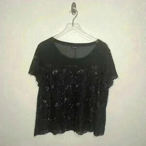 Torrid Black Chiffon Sheer Lace Crop Crew Neck Top 1 1X 14/16
